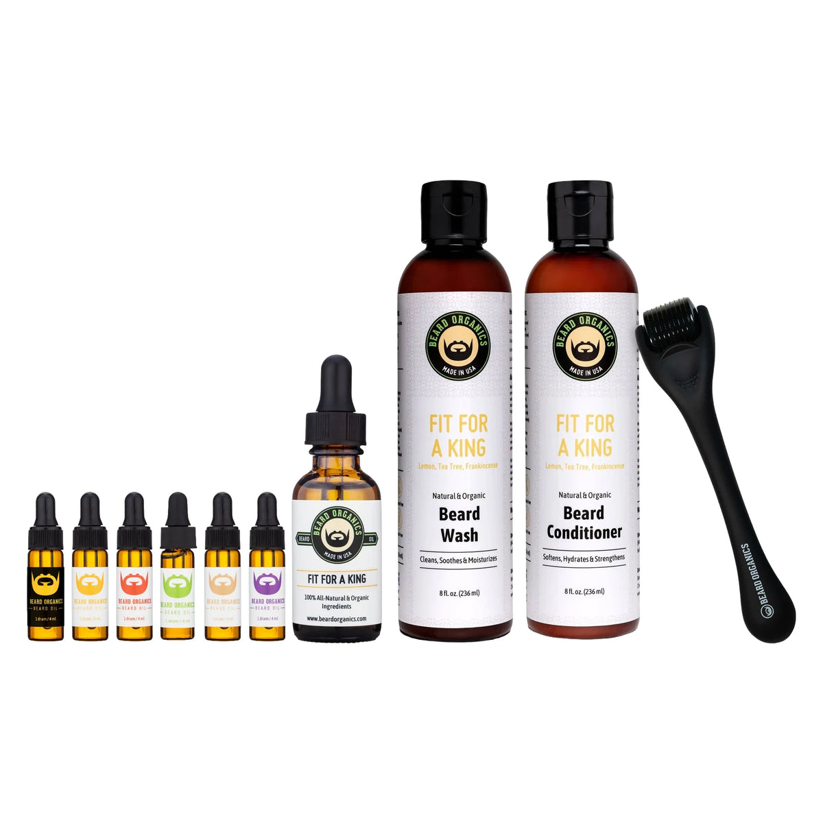 The 30-Day Sensitive Skin Beard Reset kit by Beard Organics: fit for a king beard oil, beard wash, beard conditioner, derma roller, and sample set