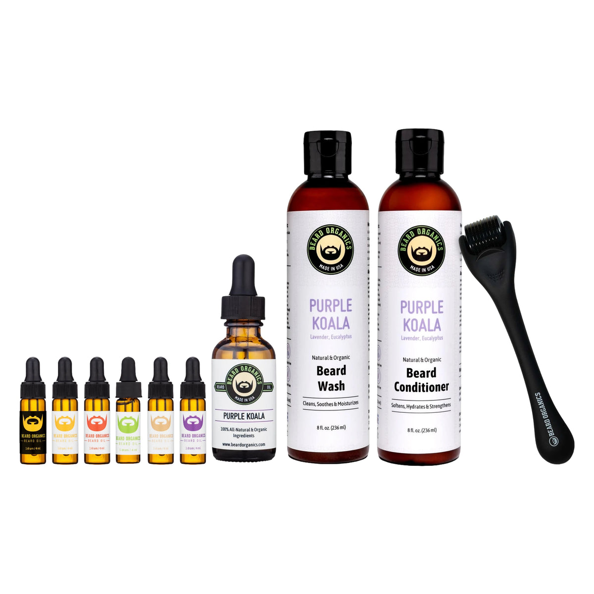 The 30-Day Sensitive Skin Beard Reset kit by Beard Organics: purple koala beard oil, beard wash, beard conditioner, derma roller, and sample set