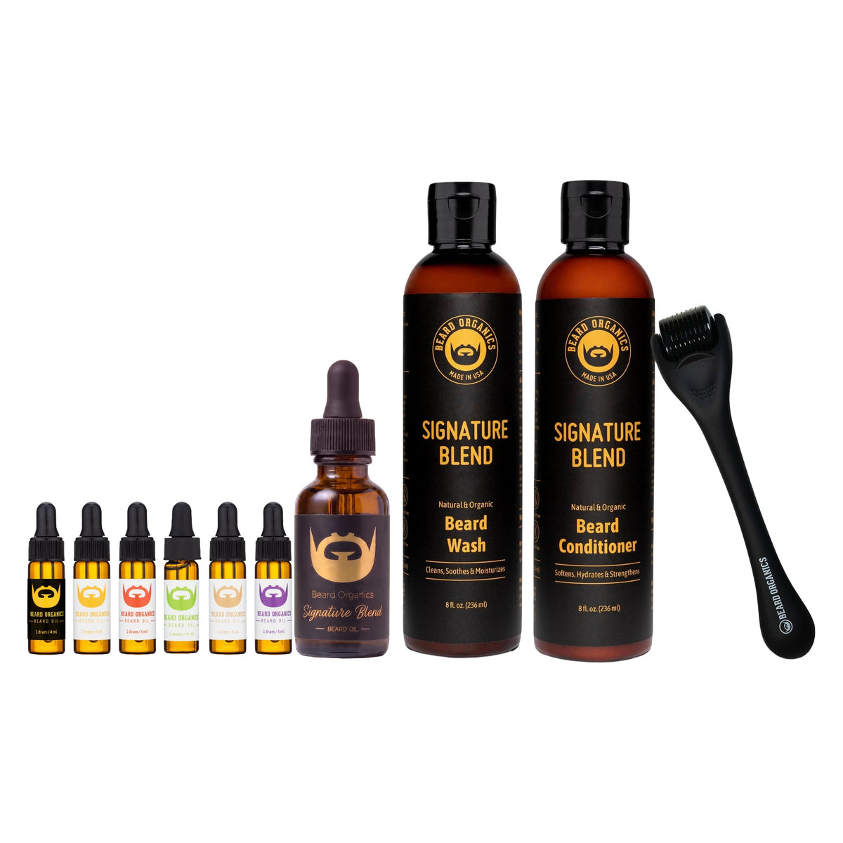The 30-Day Sensitive Skin Beard Reset kit by Beard Organics: signature blend beard oil, beard wash, beard conditioner, derma roller, and sample set
