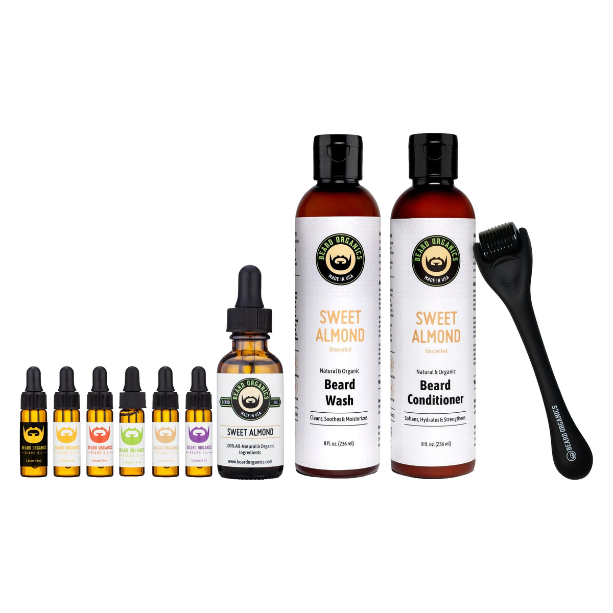 The 30-Day Sensitive Skin Beard Reset kit by Beard Organics: sweet almond beard oil, beard wash, beard conditioner, derma roller, and sample set