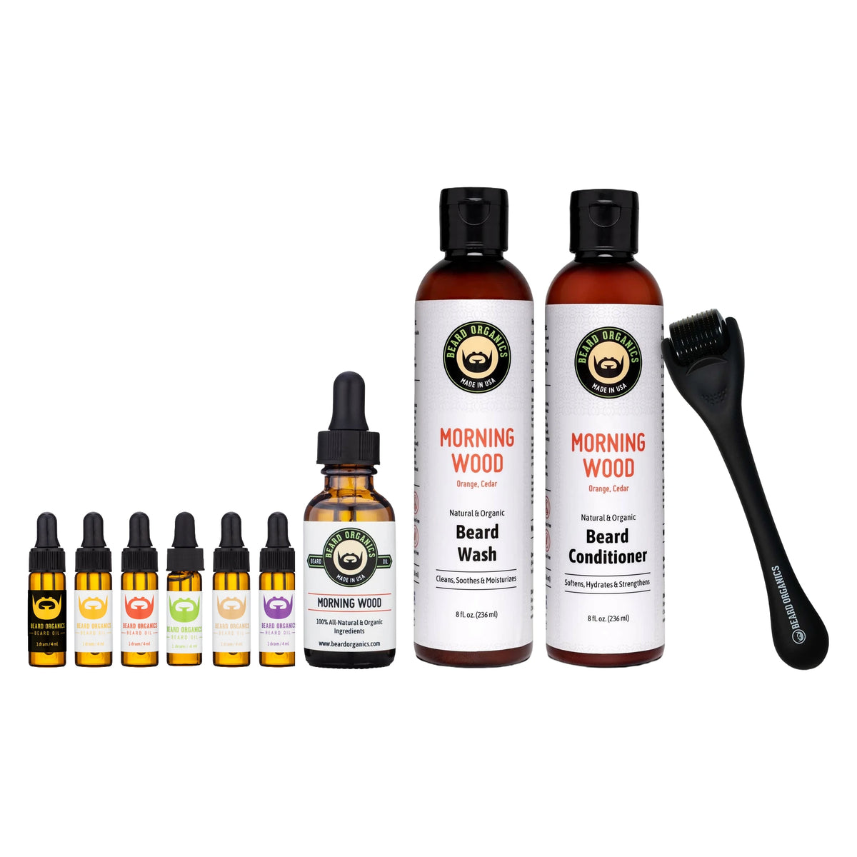 The 30-Day Sensitive Skin Beard Reset kit by Beard Organics: morning wood beard oil, beard wash, beard conditioner, derma roller, and sample set