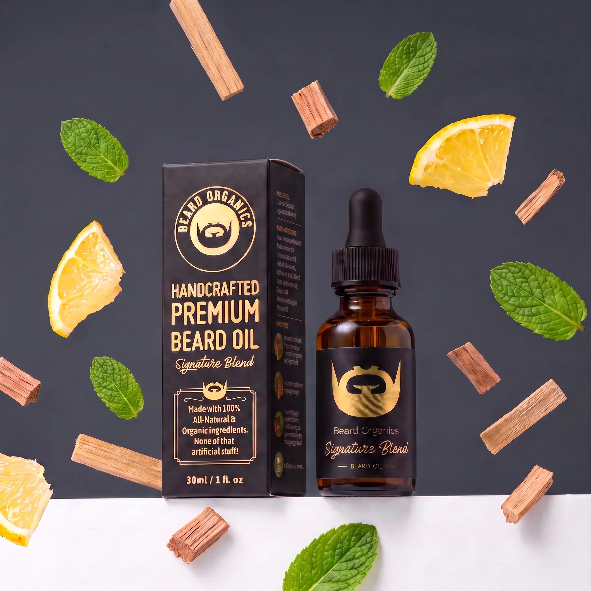 Signature Blend beard oil bottle and box with lemon, mint, and cedarwood